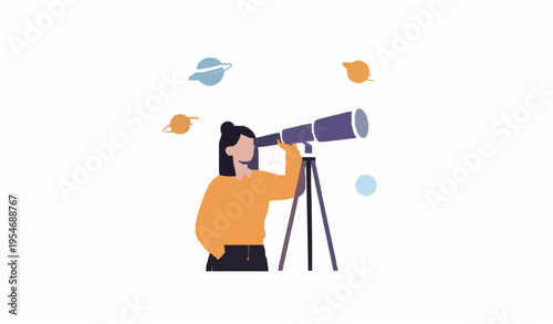 Cute Woman Looking Through Telescope with Planets and Stars Astronomy Vector Illustration