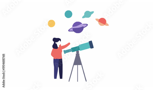 Cute Astronomy Concept Woman with Telescope and Planets Flat Vector Illustration