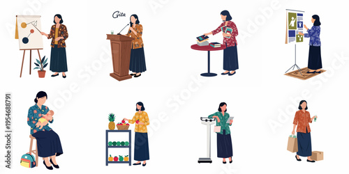 Flat vector illustration set of an Indonesian woman in traditional batik clothing performing various professional, domestic, and social activities.