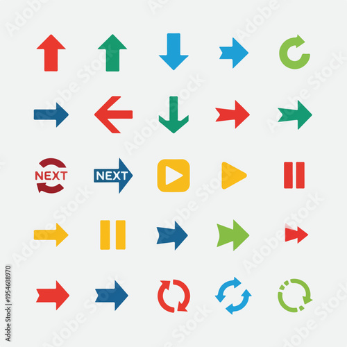 Collection of colorful directional arrows and playback icons on a neutral background