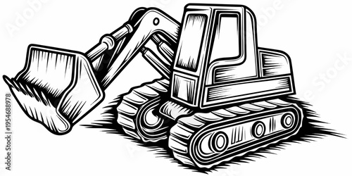 Heavy Excavator Digger Illustration - Construction Earthmover Engineering Vehicle Industrial Sketch Art