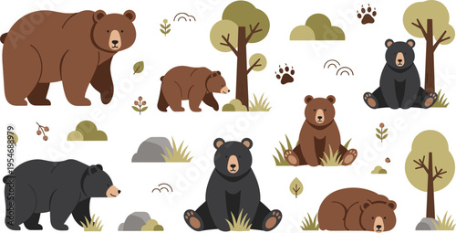 Collection of bears in forest with different poses and scenes isolated on white background wildlife vector illustration set