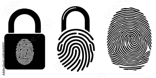 Cybersecurity and biometric data protection silhouettes set. Digital fingerprint lock symbols for privacy and identity verification isolated