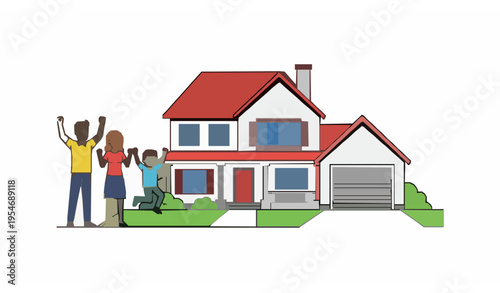 Excited family with child jumping vector illustration in front of new suburban house