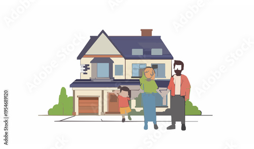 Happy family jumping in front of new suburban house vector illustration isolated on white