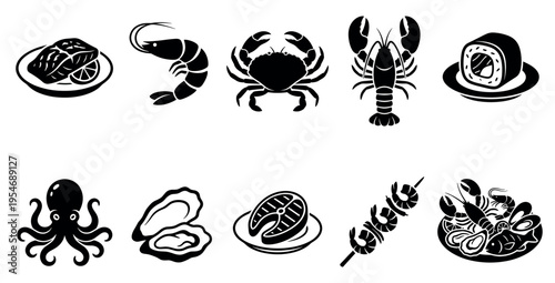 A minimalist collection of black and white vector icons representing various seafood dishes and ingredients, ideal for menus, websites, or culinary branding.