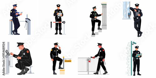 Set of security guards and police officers in uniform performing various duties such as monitoring entrances, checking IDs, and patrolling, isolated on white.