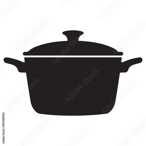 A simple black silhouette of a cooking pot with handles and a lid displayed on white