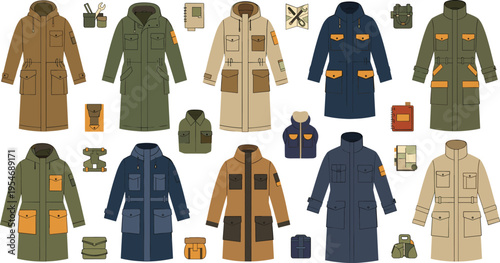 Collection of military jackets and coats with tactical gear isolated on white background army clothing vector illustration set