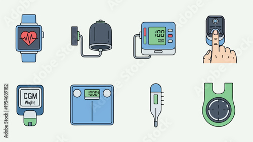 Collection of colorful, flat medical icons related to health and wellness