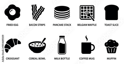 A collection of minimalist black and white icons representing various breakfast foods, including fried egg, bacon, pancakes, waffle, toast, croissant, cereal, milk, coffee, and muffin.