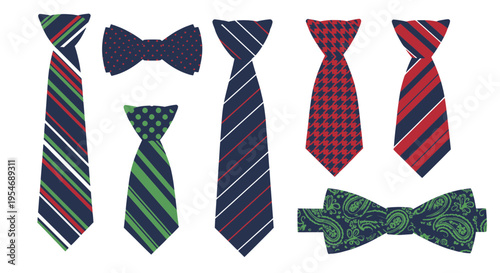 Collection of Neckties and Bow Ties with Patterns and Stripes