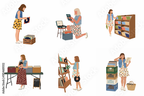 Collection of flat illustrations featuring a young woman browsing, selecting, and listening to vinyl records in various music store and home settings.