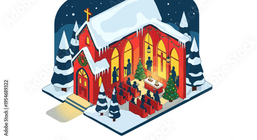 Cozy Christmas Eve Church Service: Festive Winter Snow Scene with Congregation