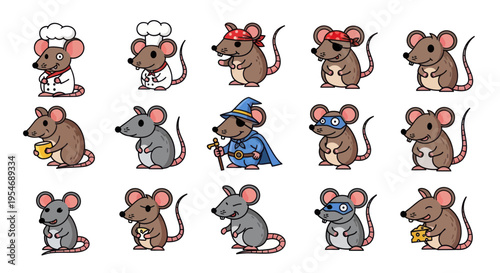 Cute Cartoon Mice Characters Collection: Chef, Pirate, Wizard, Superhero, Cheese Lover