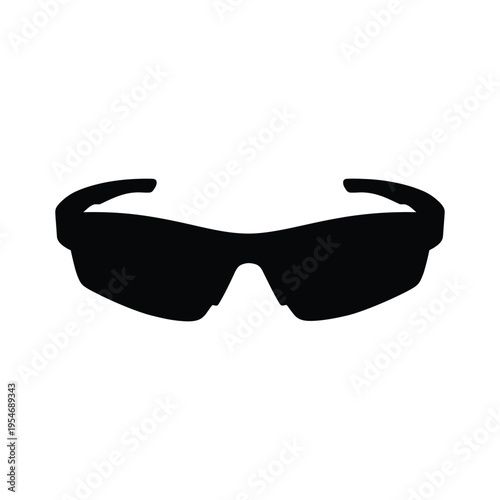 A simple black silhouette icon of sport style sunglasses isolated on a plain white background area