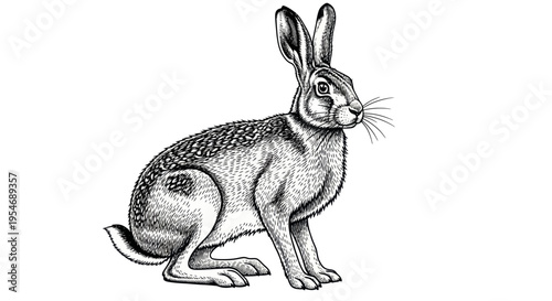 Detailed Ink Drawing of a Sitting Hare on White Background
