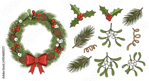 Festive Christmas Wreath and Decorations: Holly, Pine, Mistletoe, Pinecones, Berries, Bow