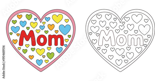 Mother's Day Heart Illustration with Mom Text, Colorful and Black and White Line Art Coloring Page