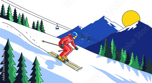 Skier Descending Snowy Mountain Slope with Ski Lift and Sun