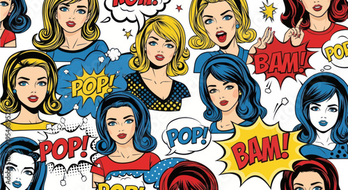 Retro Comic Book Women Collage with Speech Bubbles POP BAM