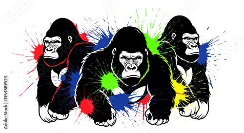 Three Gorillas with Colorful Paint Splashes - Bold and Energetic