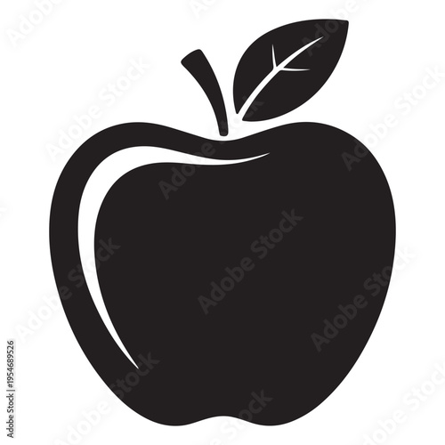 A striking black silhouette of a ripe apple with a single leaf showcasing simple form silhouette