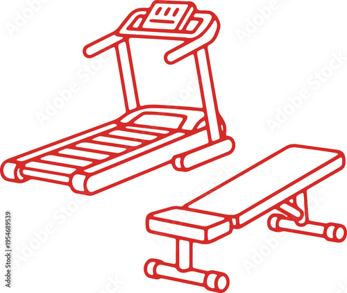 Illustrated depiction of a treadmill and bench press equipment for home gym setup