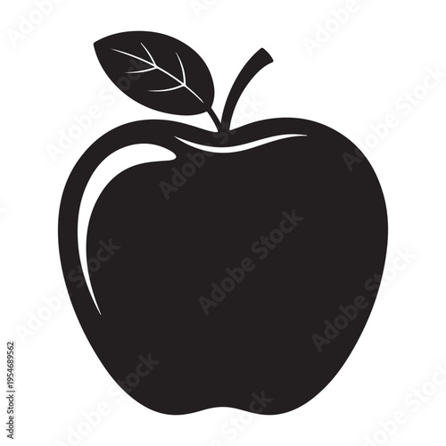 A striking black silhouette of a ripe apple with a single leaf showcasing simple form silhouette