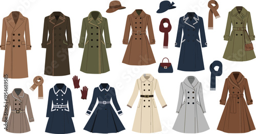 Collection of stylish trench coats with different colors and accessories isolated on white background fashion clothing vector illustration set
