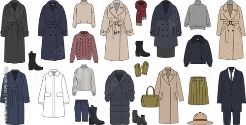 Collection of winter clothing outfits with coats sweaters and accessories isolated on white background fashion vector illustration set
