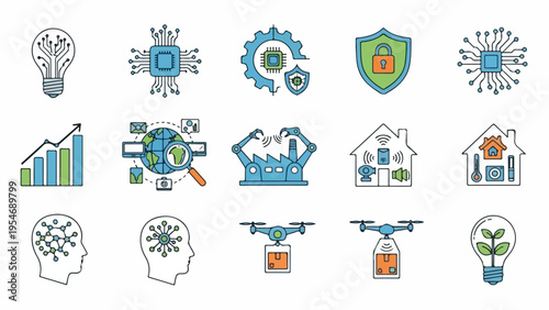 Collection of colorful, stylized icons related to technology, industry, and smart devices
