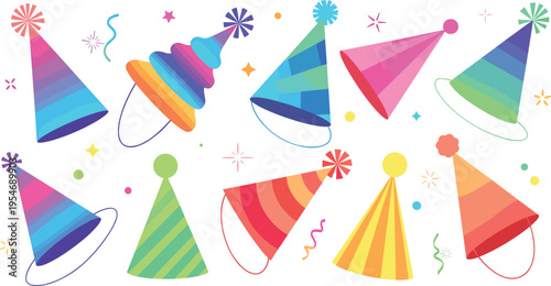 Colorful party hats collection with bright festive caps and confetti elements flat vector illustration set