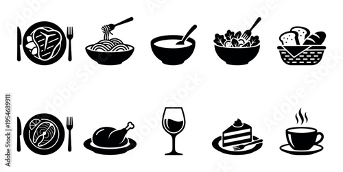 Collection of black silhouette icons representing various food items and drinks, including steak, salmon, pasta, soup, salad, bread, roast chicken, wine, cake, and coffee.