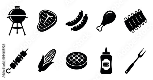 Collection of black barbecue food and cooking icons, including a grill, steak, sausages, chicken leg, ribs, skewer, corn, burger, sauce bottle, and fork.