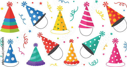 Colorful party hats collection with playful patterns and confetti isolated on white background festive celebration vector illustration set