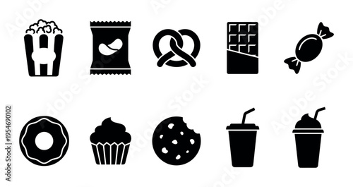 A collection of black and white silhouette icons representing various popular snack foods, perfect for digital or print design projects.