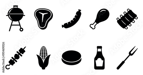 A collection of black silhouette icons representing various barbecue foods and cooking tools, ideal for menus, websites, or culinary themes.
