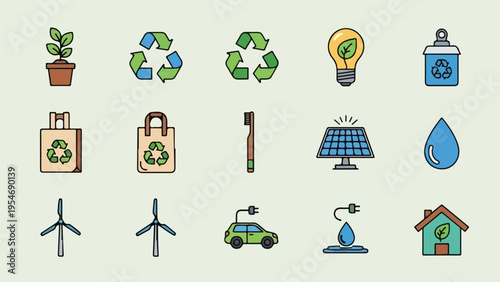 Collection of eco-friendly icons representing environmental conservation and sustainability