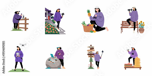 Set of illustrations depicting a female travel blogger and content creator engaged in various outdoor activities like photography, vlogging, and drone flying.