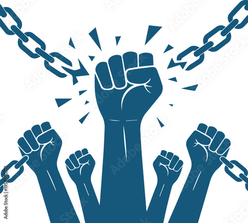 Powerful Vector Illustration of Raised Fists Breaking Metal Chains for Freedom, Revolution, and Human Rights Concept