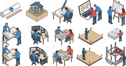 Architectural and civil engineering workflow set with land surveying technical drafting 3D CAD modeling and building construction scenes