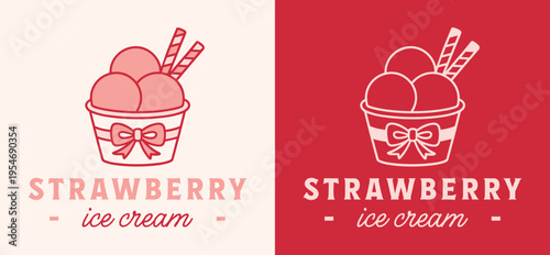 Strawberry ice cream paper cup logo homemade old fashioned fruit flavor scoop label sticker packaging design. Girly coquette preppy vintage pink and red aesthetic bowl with bow outline drawing print.