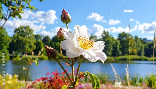 Close-up of a white rose with closed buds, facing a lake and trees. The sky is bright blue with clouds