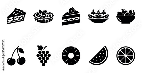 A collection of simple black and white vector icons depicting various fruits, desserts, and sweet treats perfect for graphic design and web use.