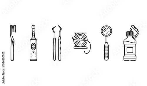 Line-art dental tool icon set: toothbrushes, floss, dental picks, mouthwash, dental mirror