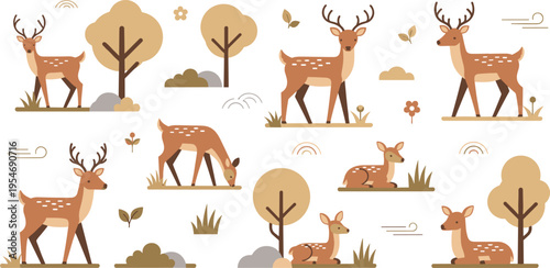 Cute deer in forest collection with woodland animals and autumn nature elements flat vector illustration set