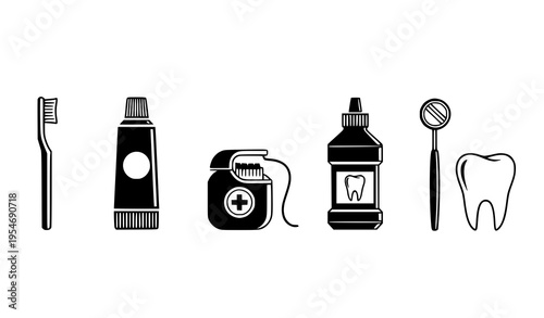 Dental hygiene icon set: toothbrush, toothpaste, floss, mouthwash, and dental mirror