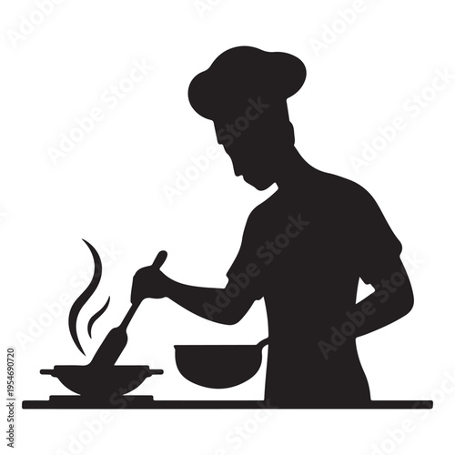A black silhouette depicts a chef stirring food in a bowl with steam rising silhouette