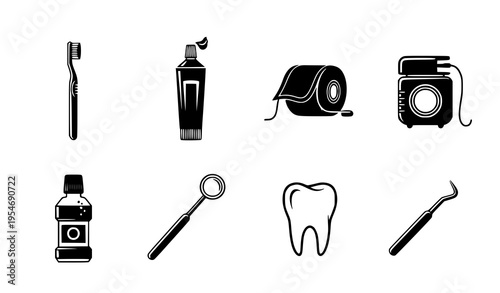 Grid-based dental hygiene icon pack: toothbrush, toothpaste, floss, mouthwash, dental mirror